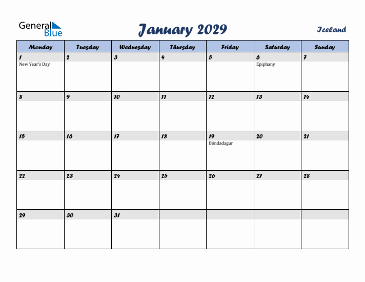 January 2029 Calendar with Holidays in Iceland