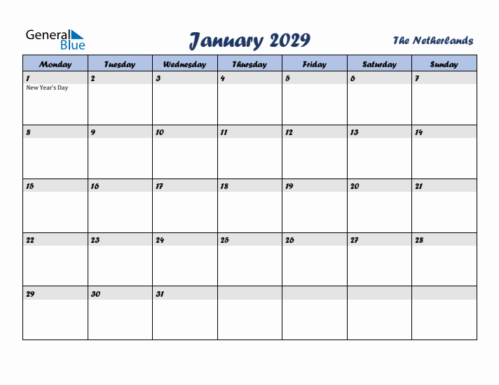 January 2029 Calendar with Holidays in The Netherlands