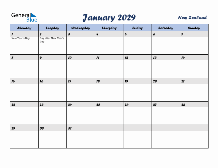 January 2029 Calendar with Holidays in New Zealand