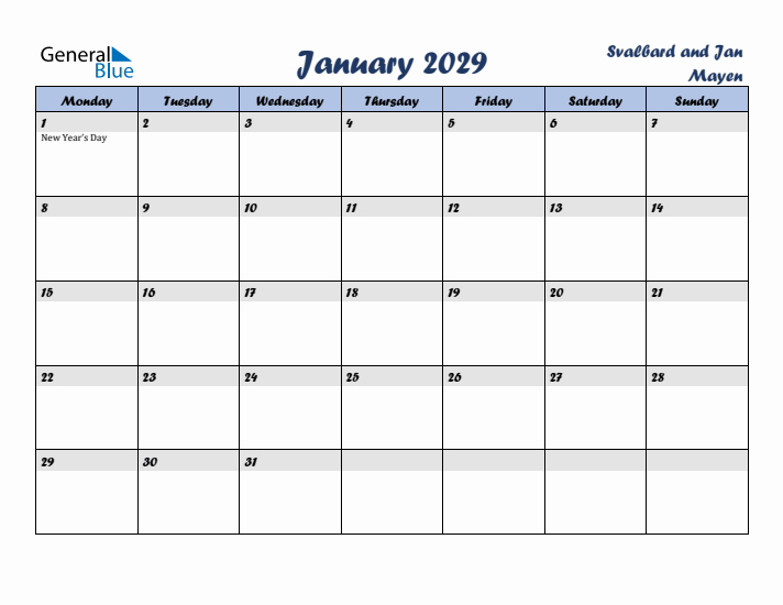 January 2029 Calendar with Holidays in Svalbard and Jan Mayen