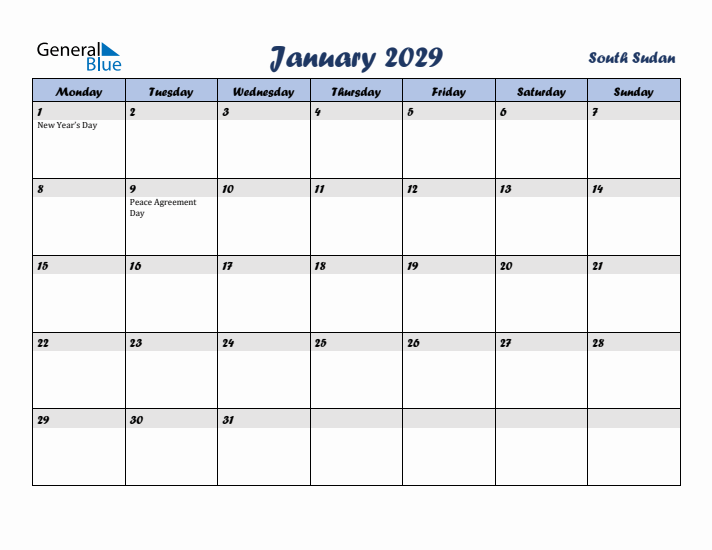 January 2029 Calendar with Holidays in South Sudan