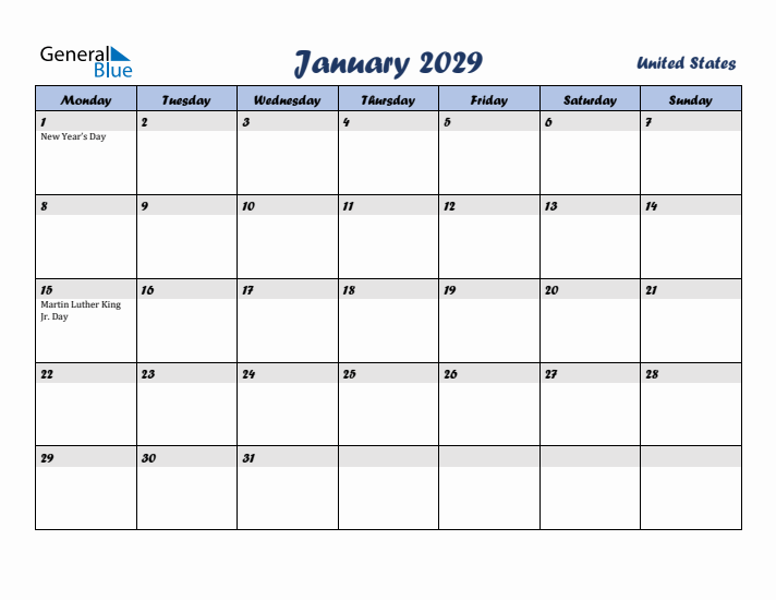 January 2029 Calendar with Holidays in United States