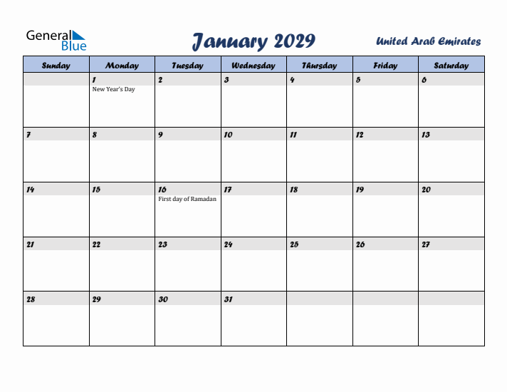 January 2029 Calendar with Holidays in United Arab Emirates