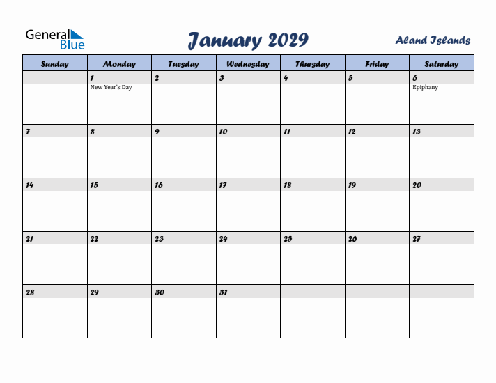 January 2029 Calendar with Holidays in Aland Islands