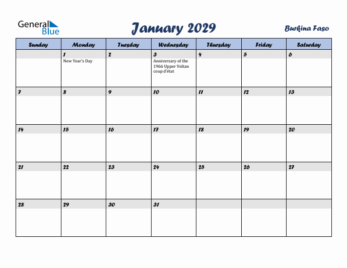 January 2029 Calendar with Holidays in Burkina Faso