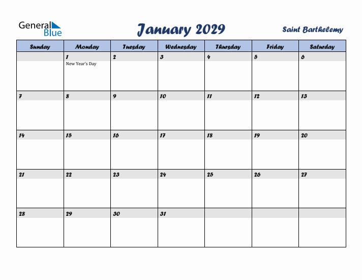 January 2029 Calendar with Holidays in Saint Barthelemy