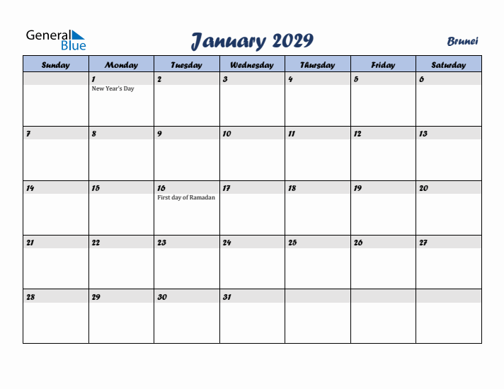 January 2029 Calendar with Holidays in Brunei