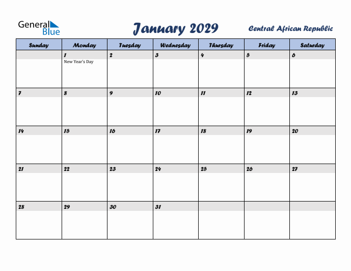January 2029 Calendar with Holidays in Central African Republic