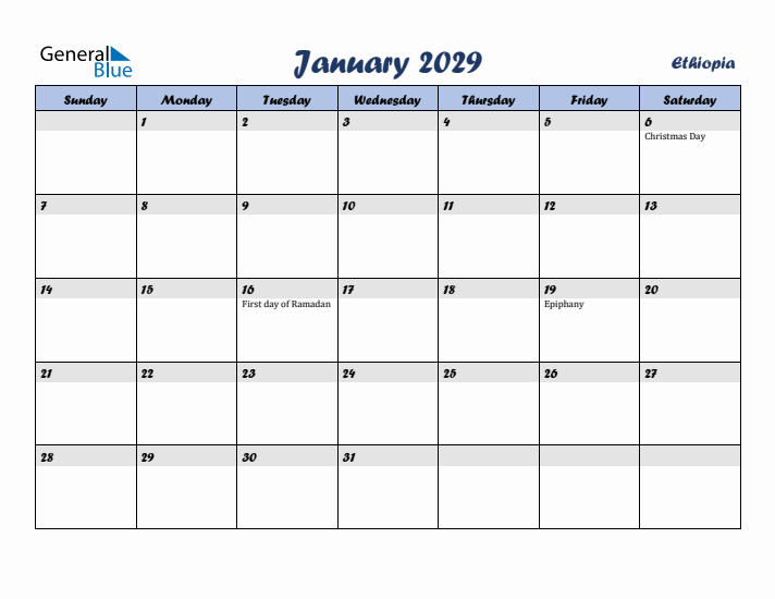 January 2029 Calendar with Holidays in Ethiopia