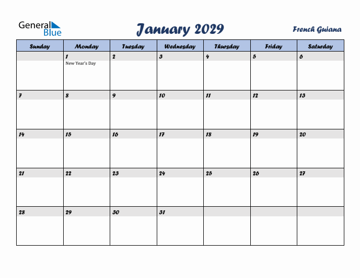 January 2029 Calendar with Holidays in French Guiana