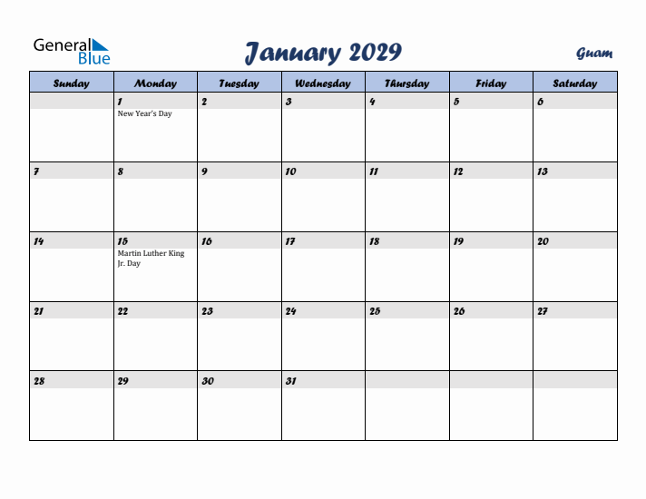January 2029 Calendar with Holidays in Guam
