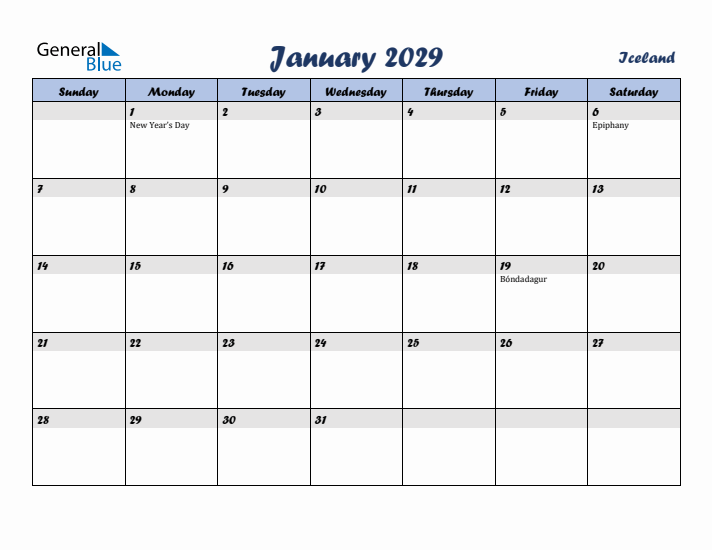 January 2029 Calendar with Holidays in Iceland