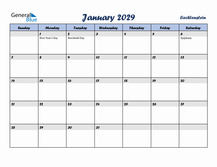 January 2029 Calendar with Holidays in Liechtenstein
