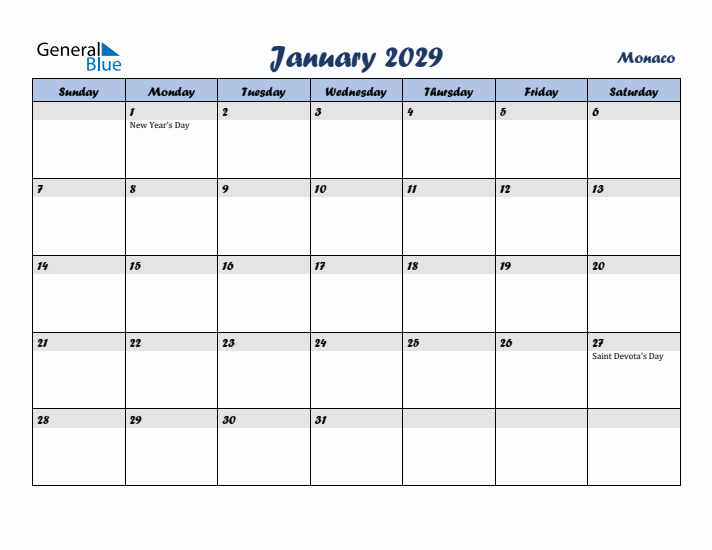January 2029 Calendar with Holidays in Monaco