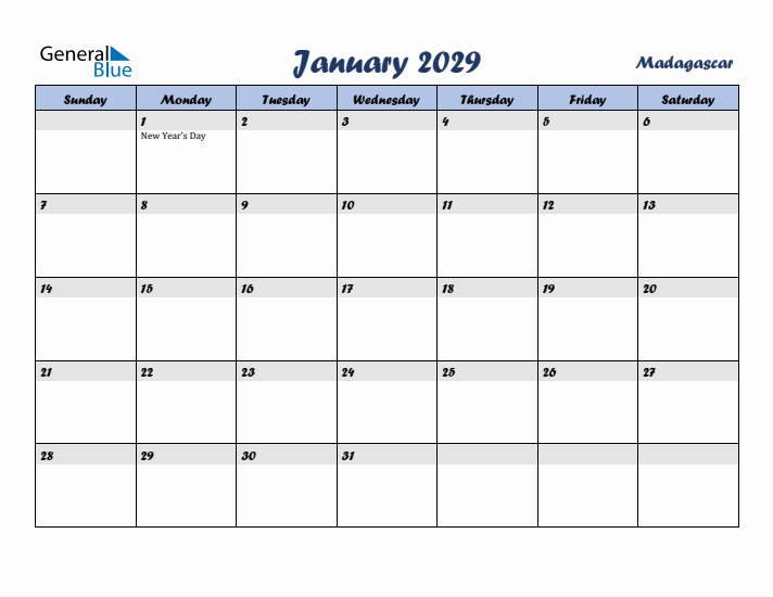 January 2029 Calendar with Holidays in Madagascar