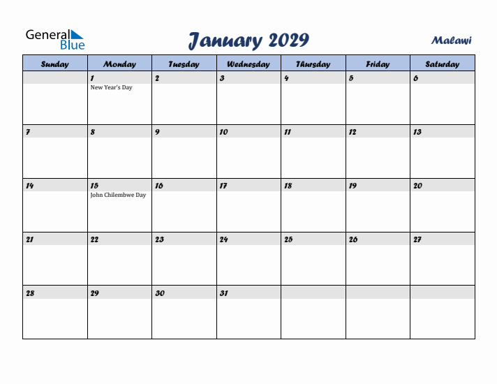 January 2029 Calendar with Holidays in Malawi