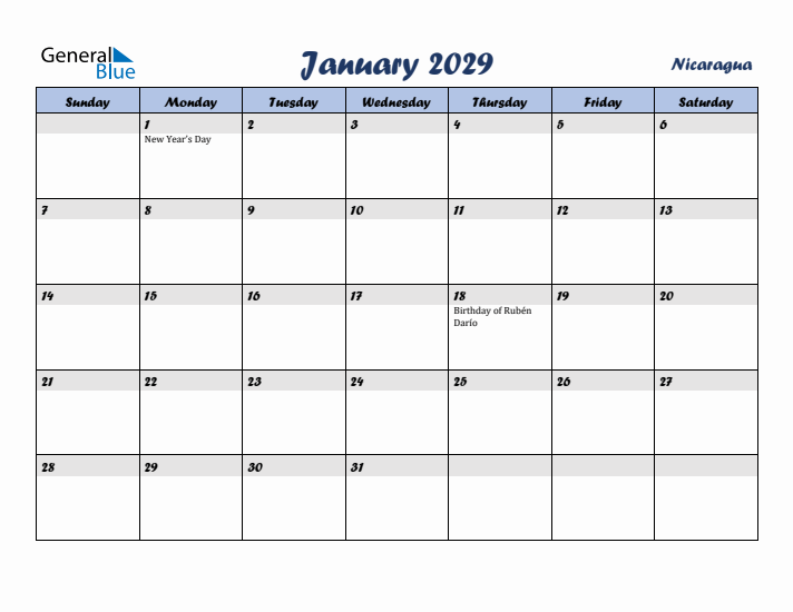 January 2029 Calendar with Holidays in Nicaragua