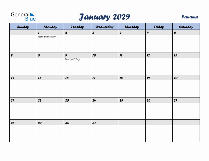 January 2029 Calendar with Holidays in Panama