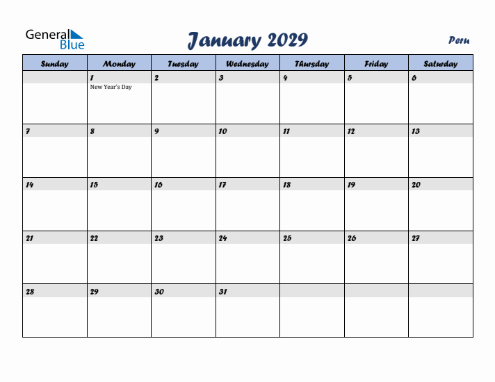 January 2029 Calendar with Holidays in Peru
