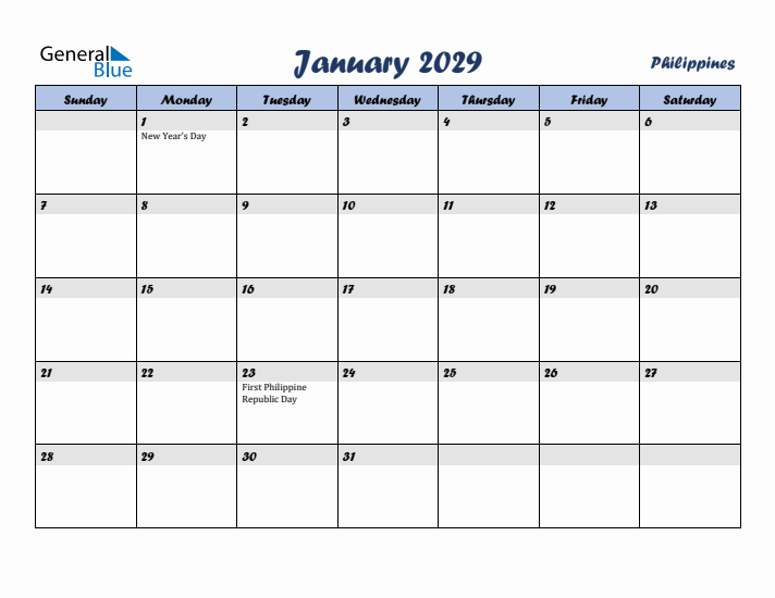 January 2029 Calendar with Holidays in Philippines