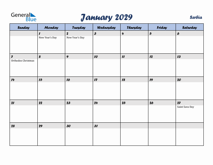 January 2029 Calendar with Holidays in Serbia
