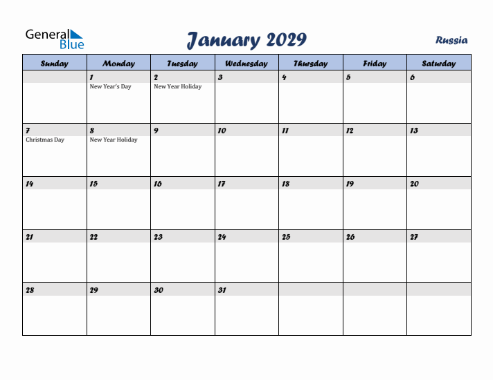 January 2029 Calendar with Holidays in Russia