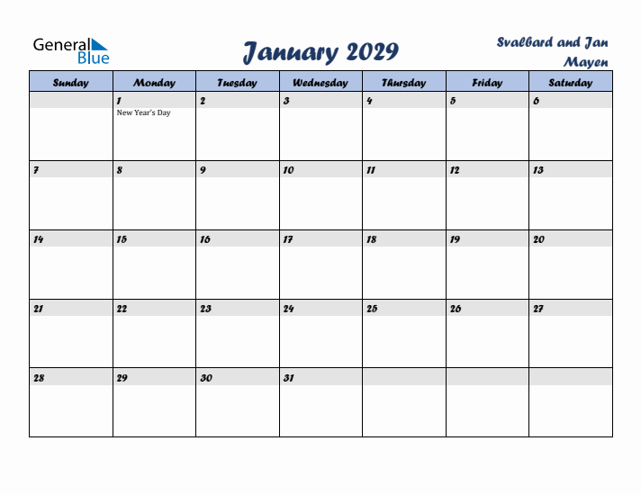 January 2029 Calendar with Holidays in Svalbard and Jan Mayen