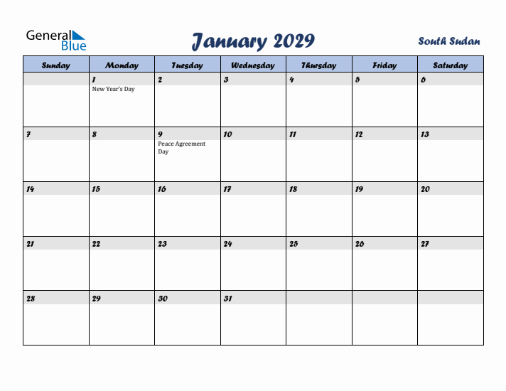 January 2029 Calendar with Holidays in South Sudan
