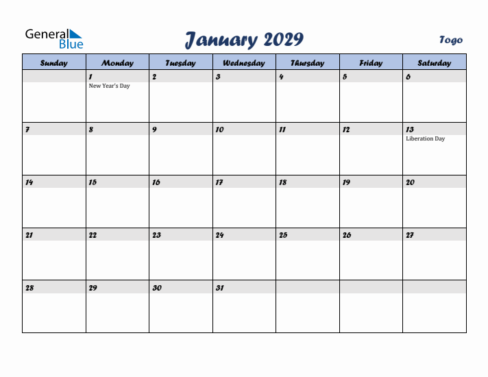 January 2029 Calendar with Holidays in Togo