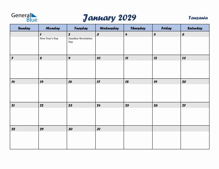 January 2029 Calendar with Holidays in Tanzania