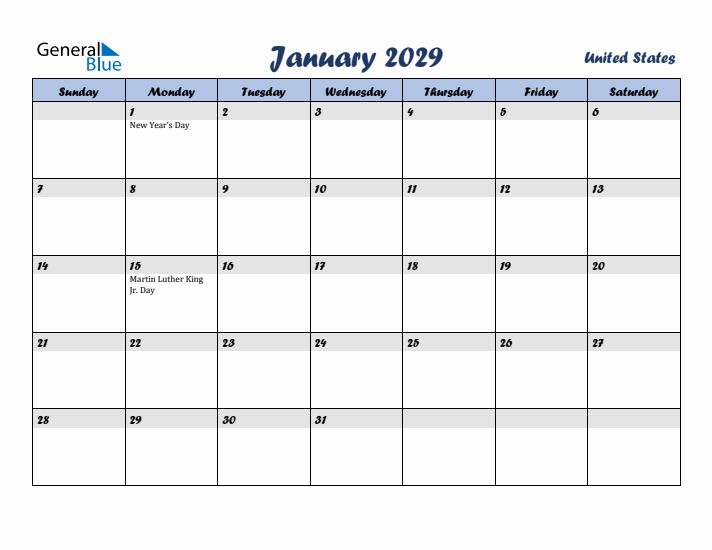 January 2029 Calendar with Holidays in United States