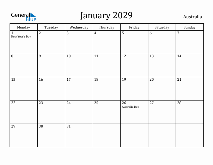 January 2029 Calendar Australia