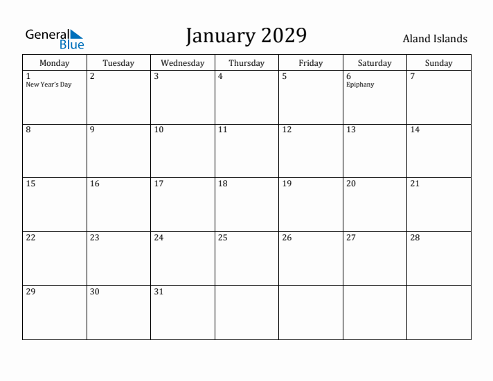 January 2029 Calendar Aland Islands