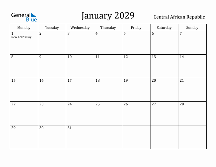 January 2029 Calendar Central African Republic
