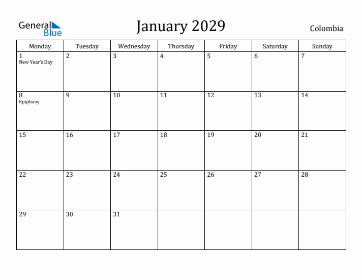 January 2029 Calendar Colombia