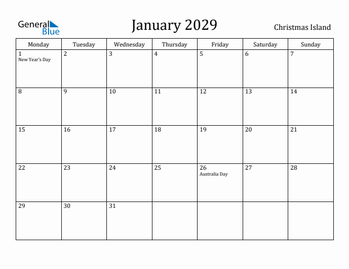 January 2029 Calendar Christmas Island