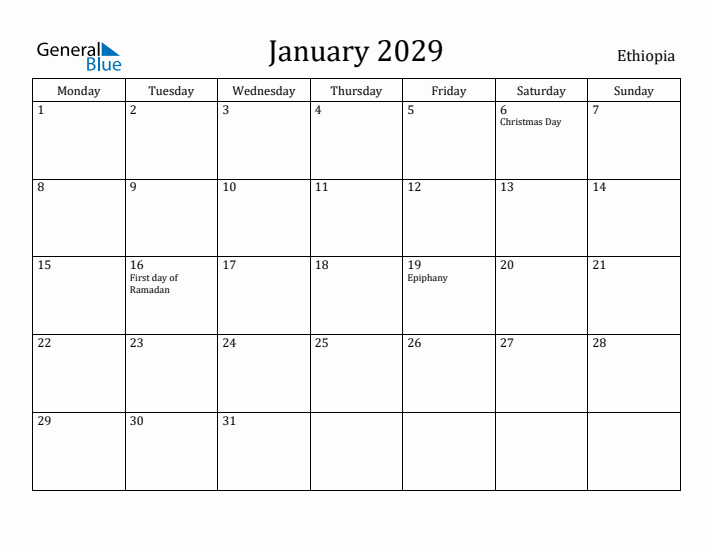 January 2029 Calendar Ethiopia