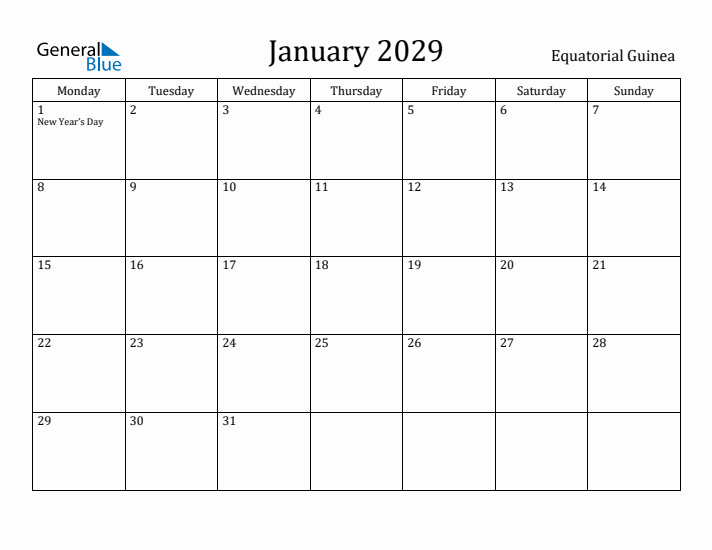 January 2029 Calendar Equatorial Guinea