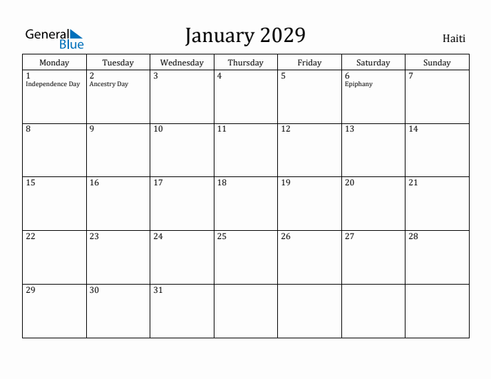 January 2029 Calendar Haiti