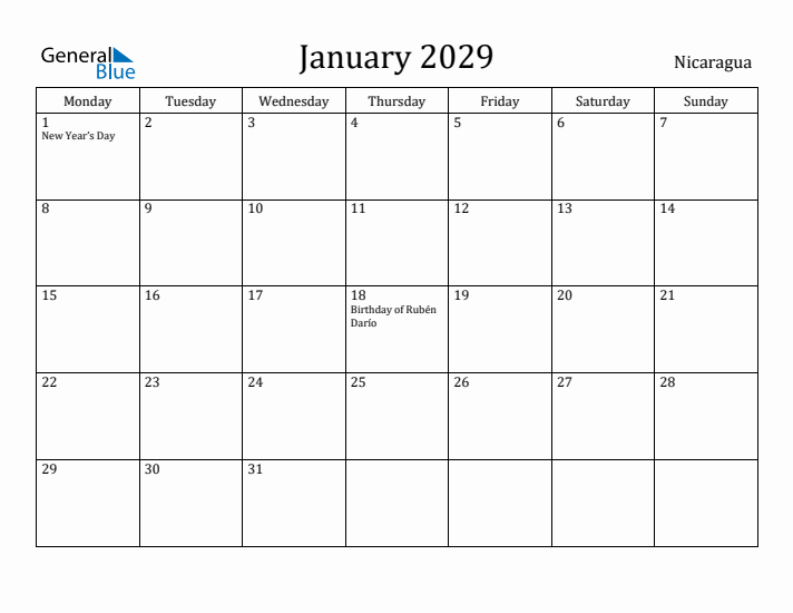 January 2029 Calendar Nicaragua