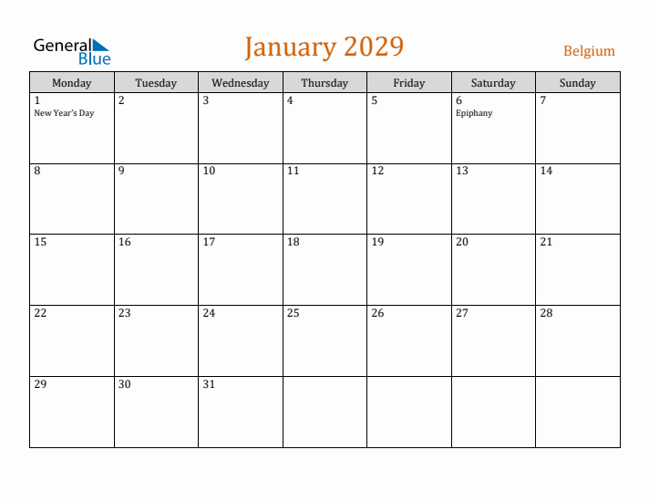 January 2029 Holiday Calendar with Monday Start