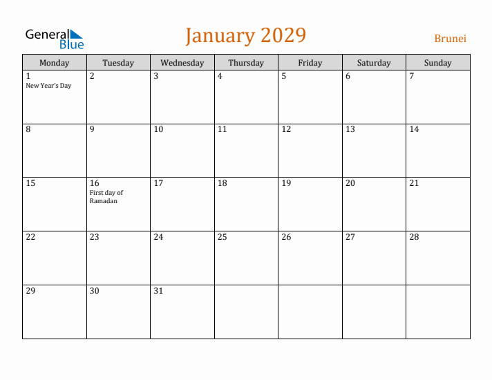 January 2029 Holiday Calendar with Monday Start