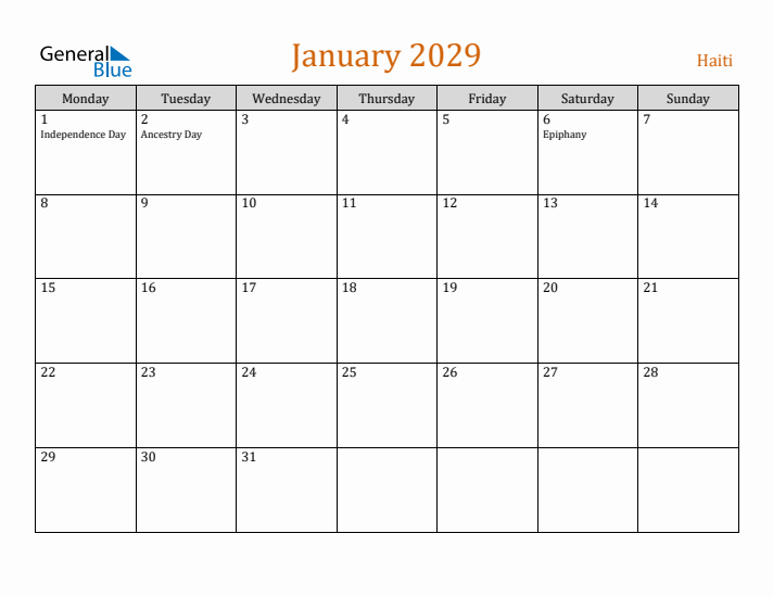 January 2029 Holiday Calendar with Monday Start