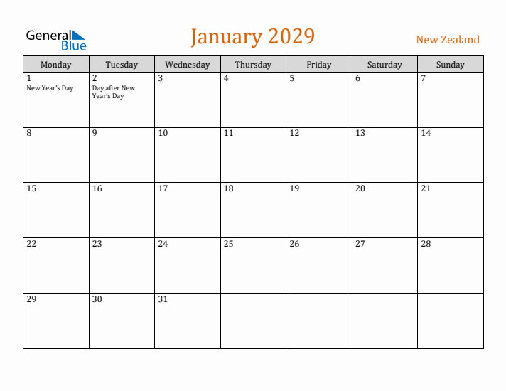 January 2029 Holiday Calendar with Monday Start