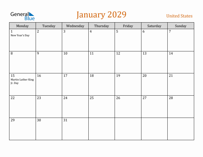 January 2029 Holiday Calendar with Monday Start
