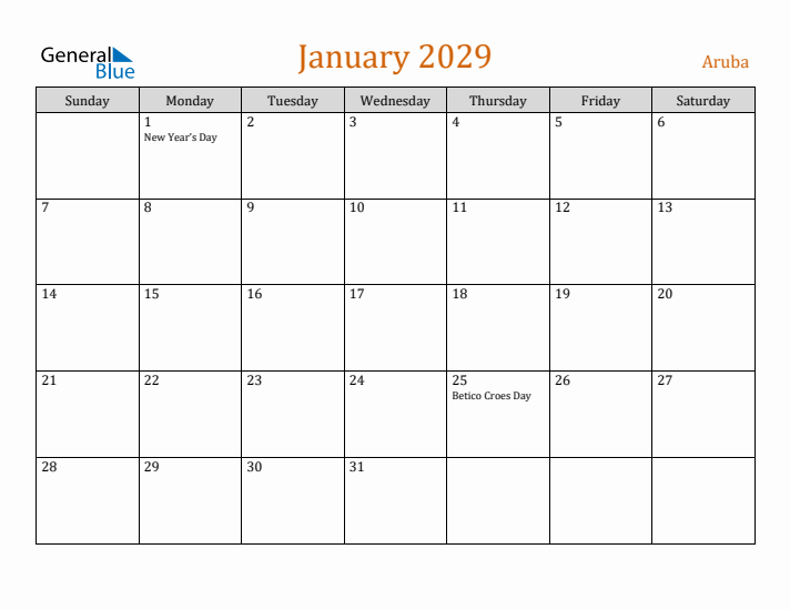 January 2029 Holiday Calendar with Sunday Start