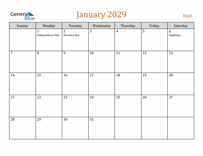 January 2029 Holiday Calendar with Sunday Start