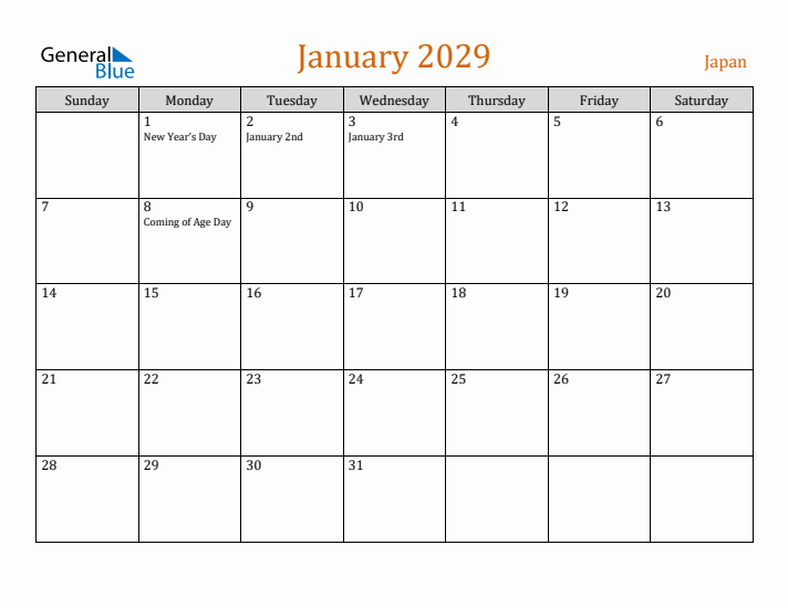 January 2029 Holiday Calendar with Sunday Start