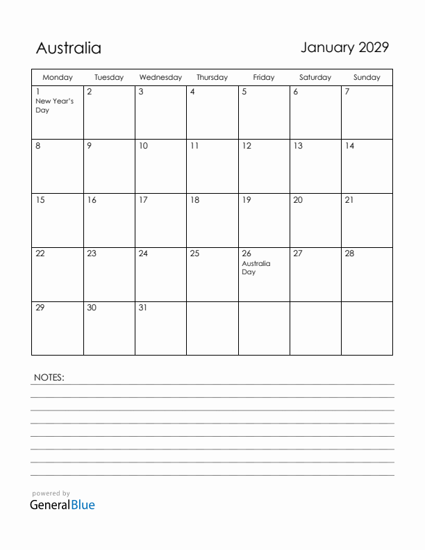 January 2029 Australia Calendar with Holidays (Monday Start)