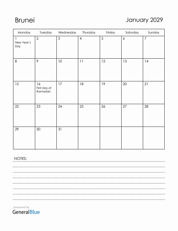 January 2029 Brunei Calendar with Holidays (Monday Start)